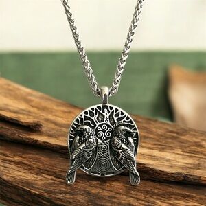 316L Stainless Steel Viking Celtic Tree of Life Raven Pendant Necklace
